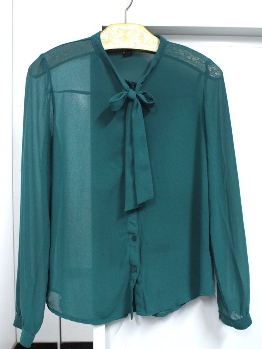 Sheer green blue tie-neck button-up blouse, sz S